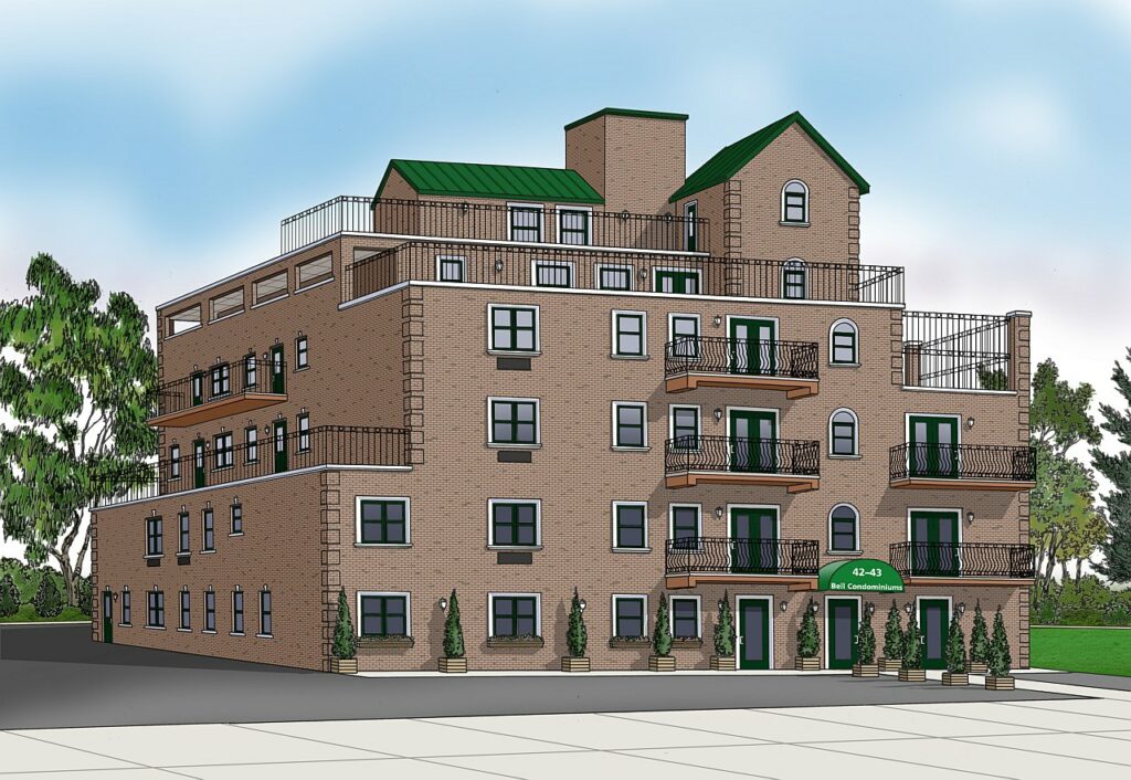 digital rendering of a brick apartment building