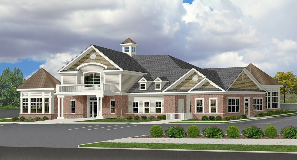 Country club rendering with brick and large parking lot