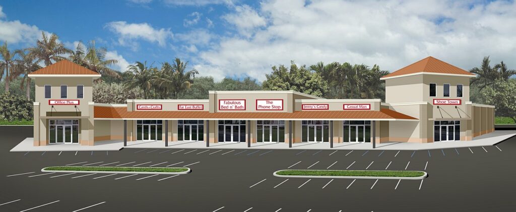 3D color rendering of a multi-store retail center
