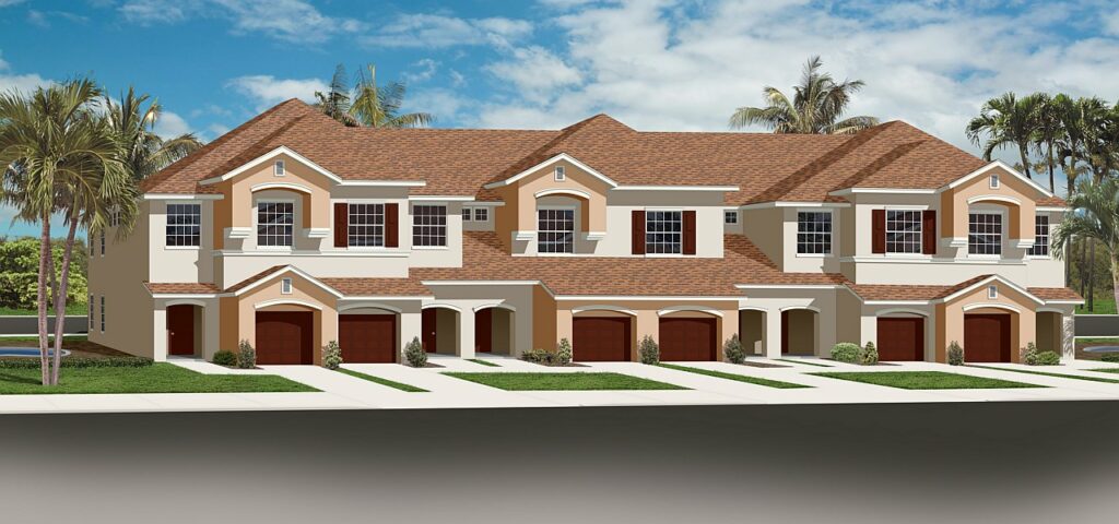 color rendering of peach and white luxury town homes