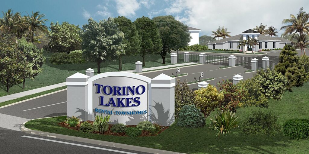 Development entrance rendering with sign