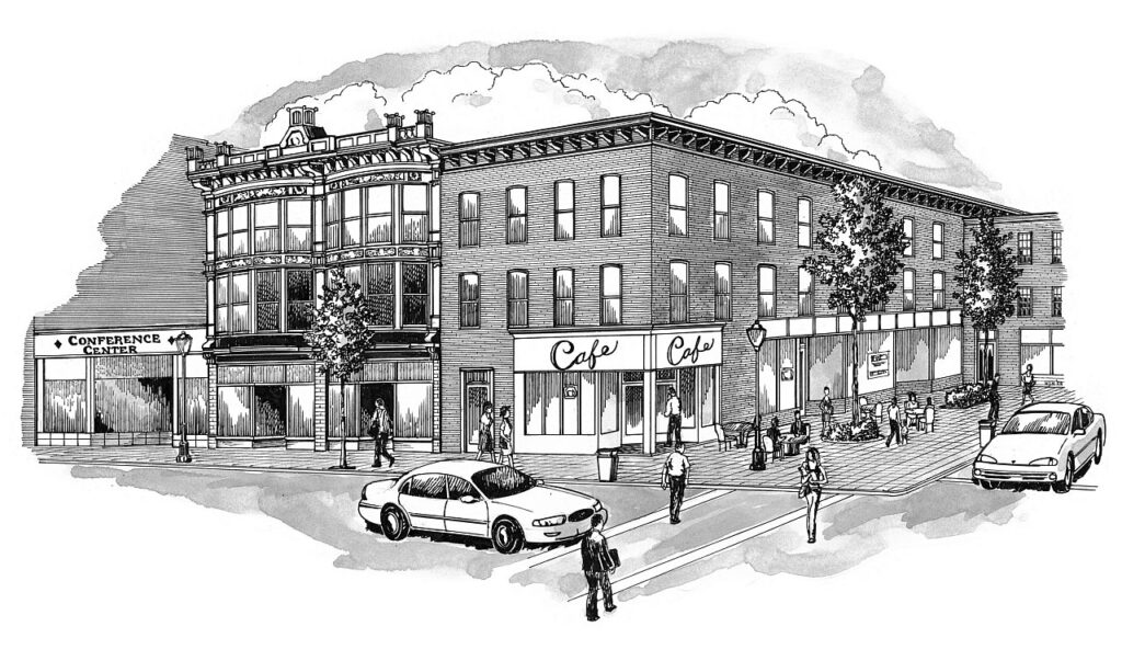 Pen & Ink commercial redevelopment rendering