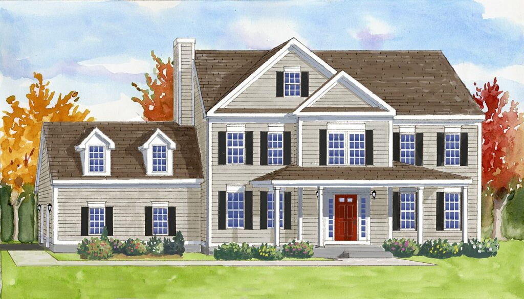 watercolor home rendering with painted wash technique