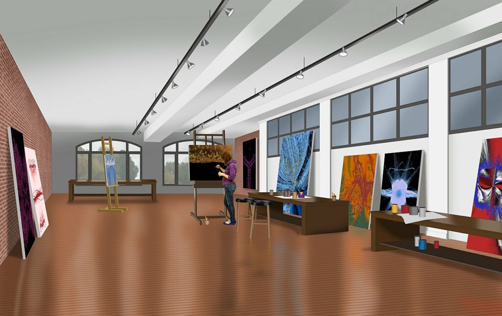 Interior photo realistic rendering of art studio